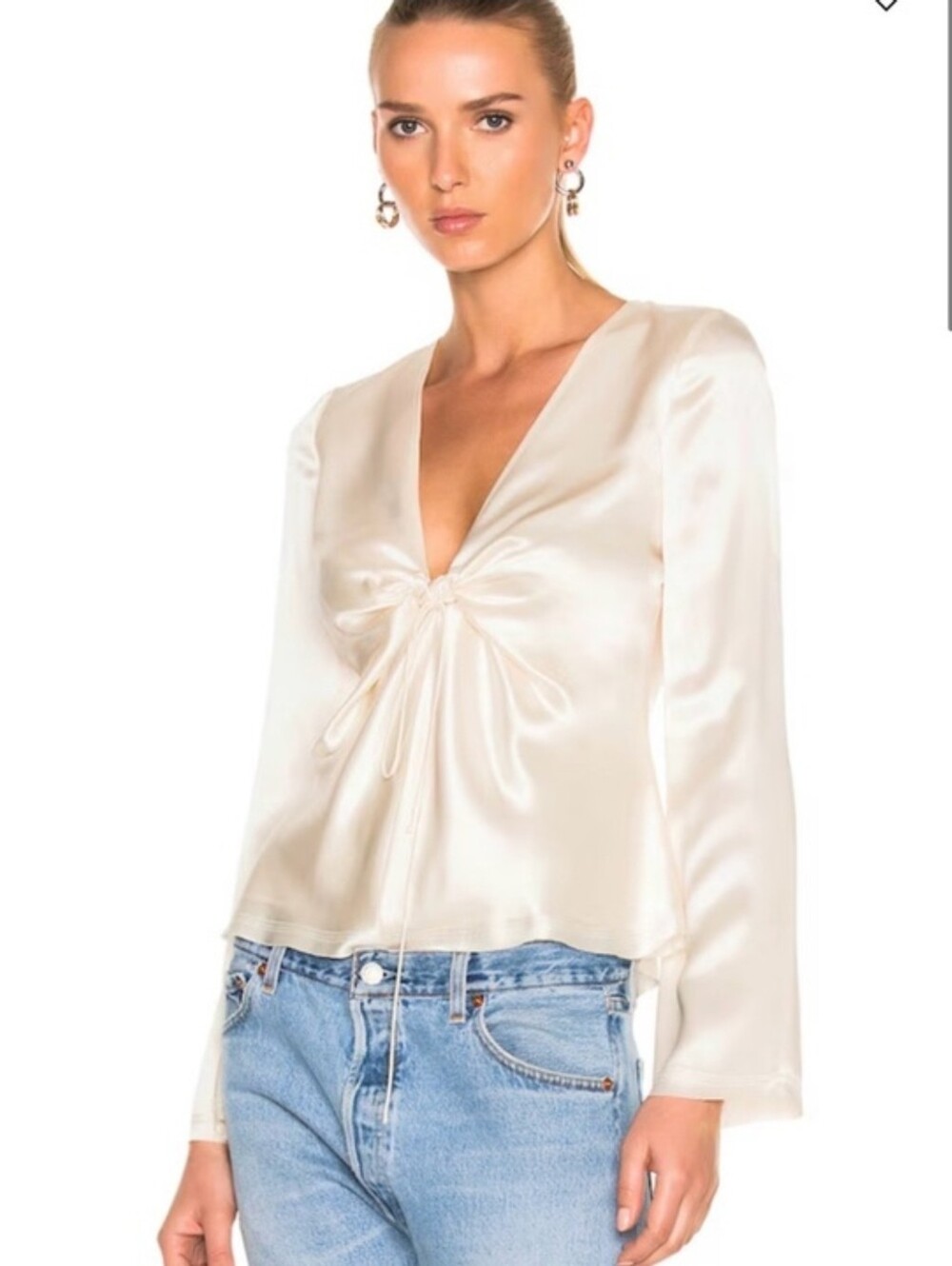 T by Alexander Wang Cream Silk Tie-Front Long Sleeve Blouse V-Neck Top Size 4